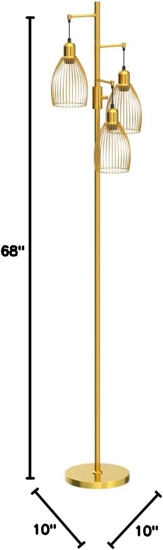 Dimmable Floor Lamp, Industrial Floor Lamps for Living Room, Gold Tree Lamp Standing Lamp Tall Lamps with 3 Elegant Teardrop Cage Head & 800 Lumens LED Bulbs for Living room Bedroom Office Dining Room
