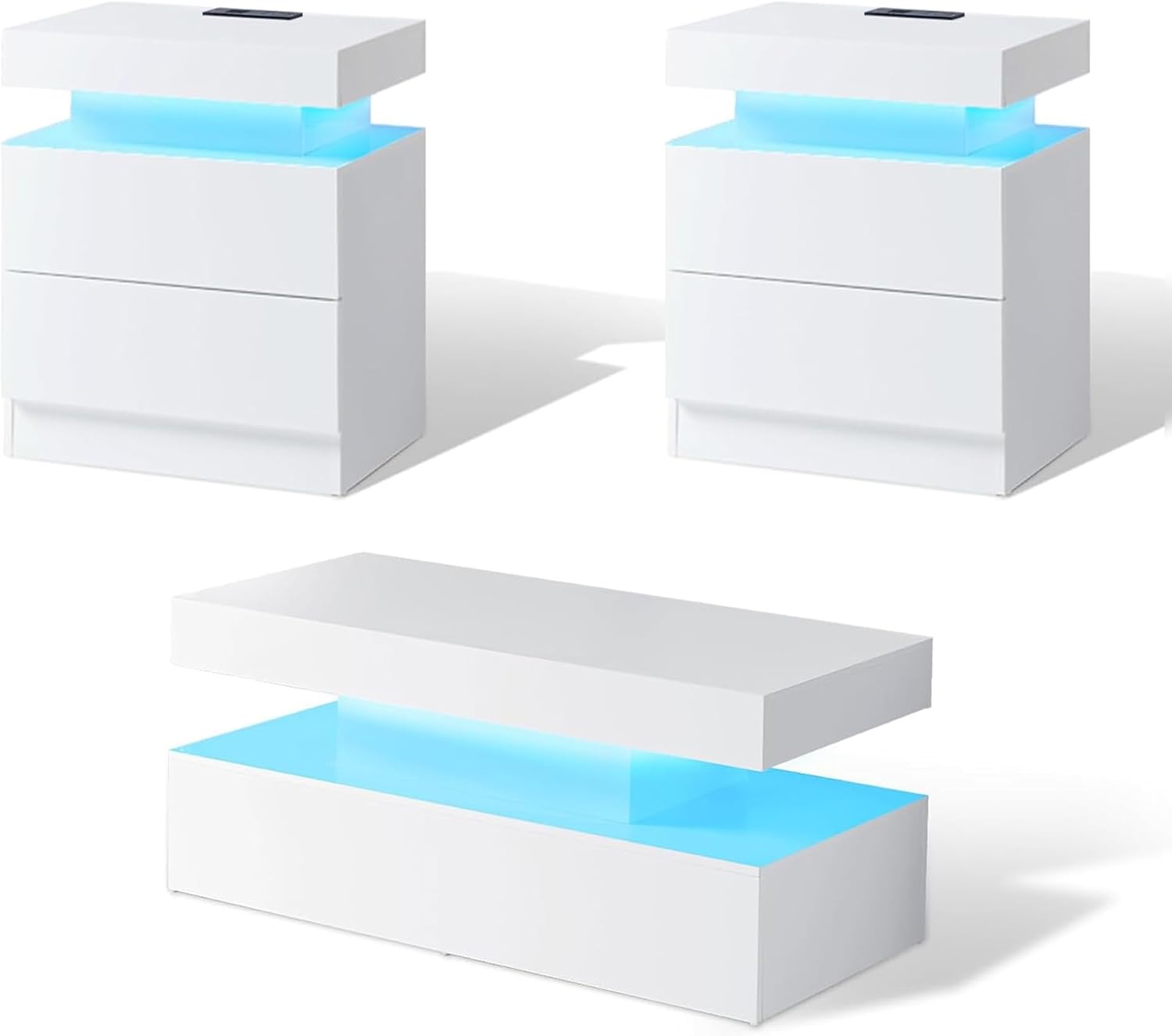 AMERLIFE Modern 3-Piece Table Set for Living Room, White High Gloss Coffee Table with LED Lights, 2 Matching End Side Tables, Nightstand Set with Charging Station