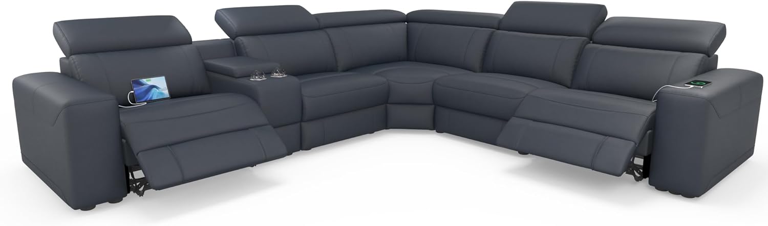AMERLIFE Power Recliner Sectional Sofa with Storage/USB Port, Leather Recliner Sofa with Adjustable Headrest, Reclining Sectional Couches with Console and Cup Holder for Living Room (Gray, 5-Seater)