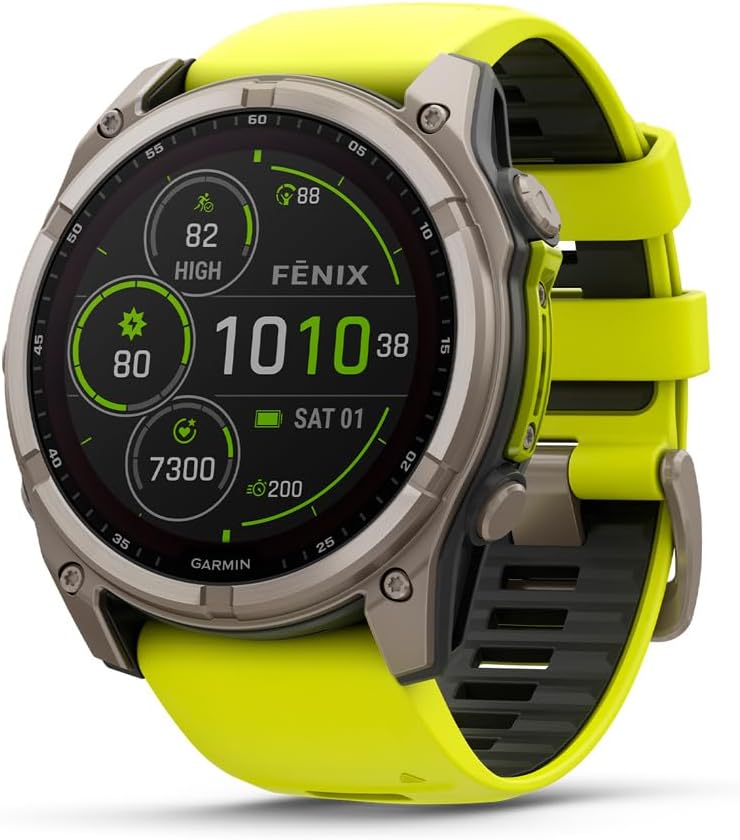 Garmin fēnix® 8 – 51 mm, Solar, Sapphire, Premium Multisport GPS Smartwatch, Long-Lasting Battery Life, Dive-Rated, Built-in LED Flashlight, Titanium with Amp Yellow/Graphite Band