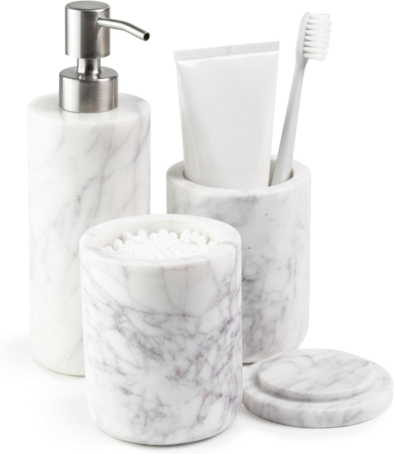 Cork & Mill Marble Bathroom Accessories Set, Solid Natural Marble, Complete Vanity Set with Soap Dispenser, Toothbrush Holder & Canister with Lid for Qtips, White Bathroom Countertop Decor