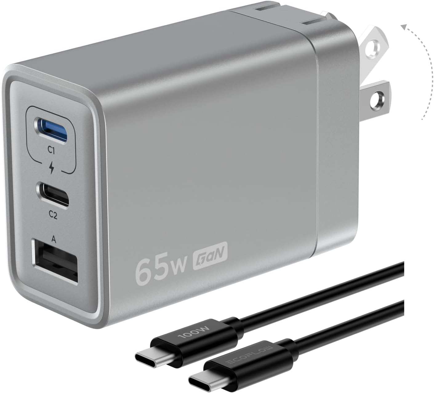 EF ECOFLOW USB C Charger, Rapid 65W GaN Type C Charging Block with Foldable Plug, Fast Wall Charger Compatible with iPhone 15/14/13, Galaxy, Pixel 4, iPad, AirPods, Apple Watch (USBC Cable Included)