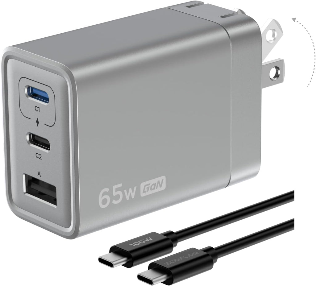 EF ECOFLOW USB C Charger, Rapid 65W GaN Type C Charging Block with Foldable Plug, Fast Wall Charger Compatible with iPhone 15/14/13, Galaxy, Pixel 4, iPad, AirPods, Apple Watch (USBC Cable Included)