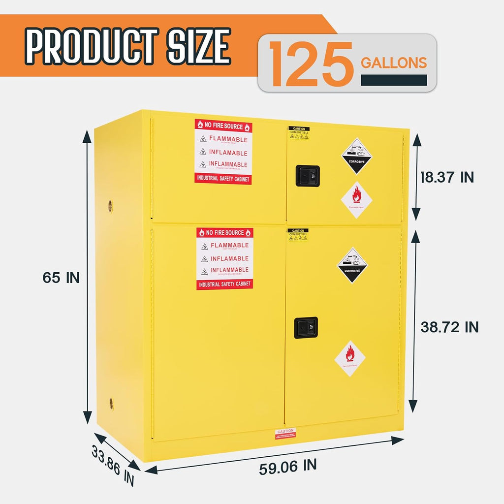 SPECRAFT 125 Gallon Flammable Cabinet, 65x59x34 Inch, 2 Independent Storage with Adjustable Galvanized Shelves, Cold-Rolled Steel, OSHA & CE Certified for Industrial, Commercial Use, Yellow