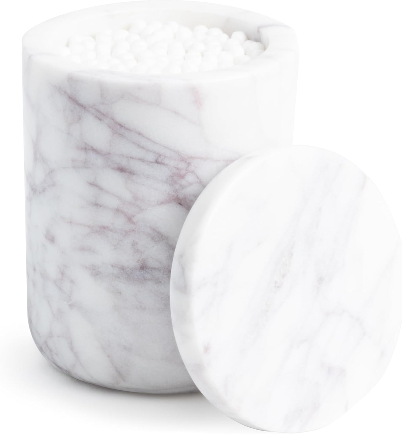 Cork & Mill Marble Bathroom Container with Lid - Holder for Qtip Swabs, Cotton Balls, Pads, Rounds, or Floss Picks - White Apothecary Jar for Q Tips - Canister for Organizing Bathroom Counter Vanity