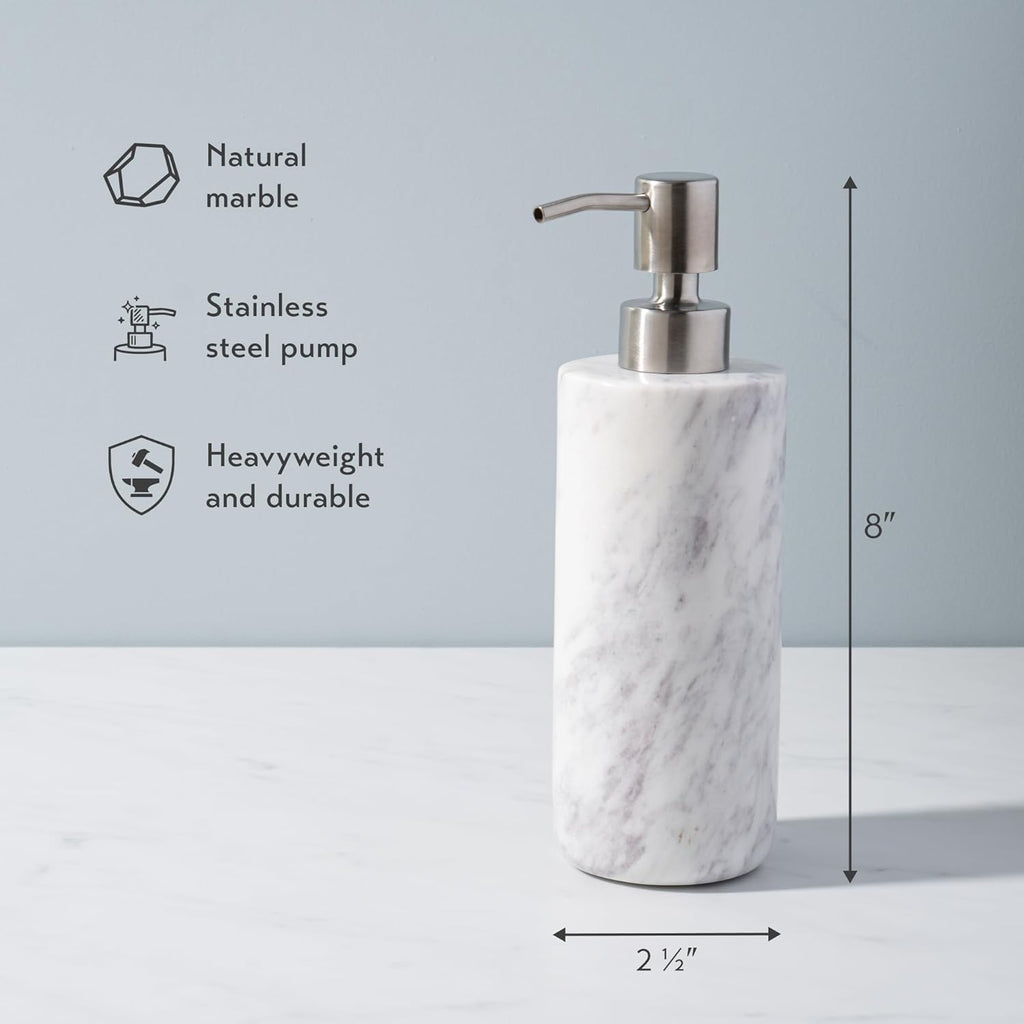 Cork & Mill Marble Soap Dispenser for Bathroom Countertop or Kitchen Sink, Real Natural White Stone with Stainless Steel Pump Top, Ideal for Lotion, Liquid Dish or Hand Soap, Modern Bath Accessories