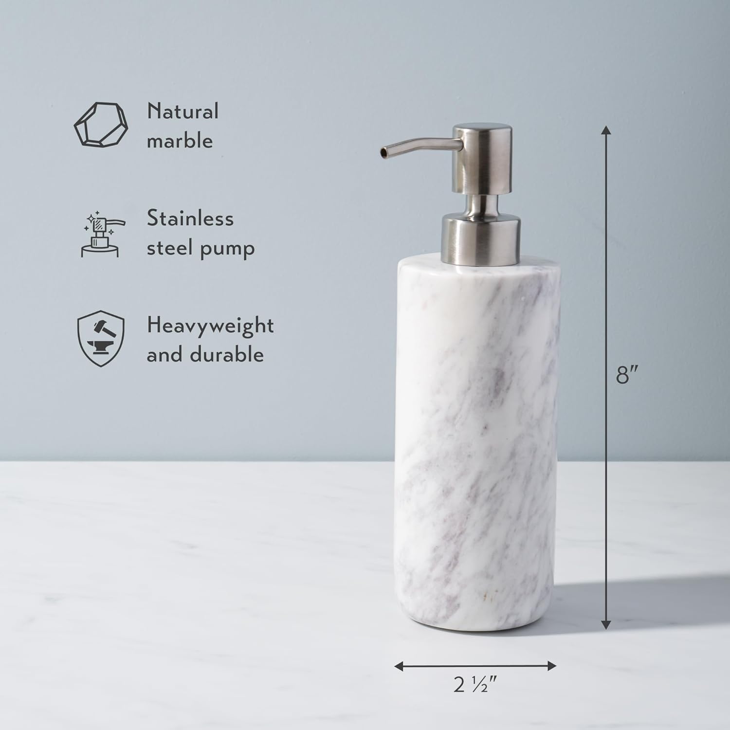 Cork & Mill Marble Soap Dispenser for Bathroom Countertop or Kitchen Sink, Real Natural White Stone with Stainless Steel Pump Top, Ideal for Lotion, Liquid Dish or Hand Soap, Modern Bath Accessories