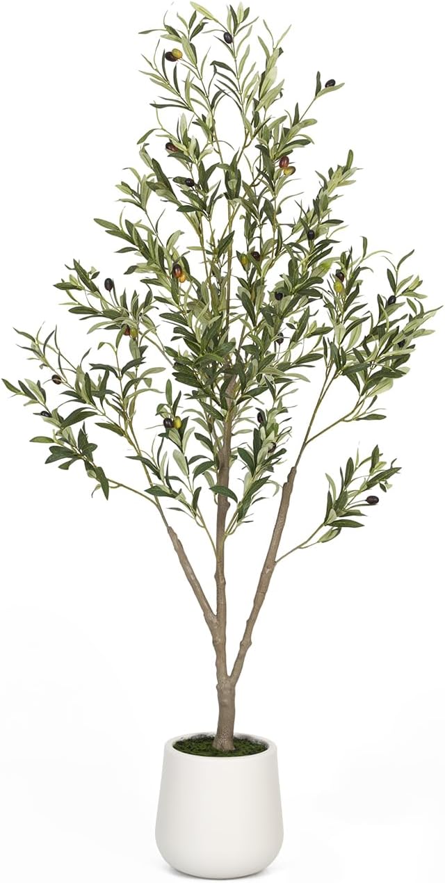 VIVATREES Olive Trees Artificial Indoor, 5 ft Faux Olive Tree with White Planter, Artificial Plants with Natural Wood Trunk and Lifelike Fruits for Home Office Decor