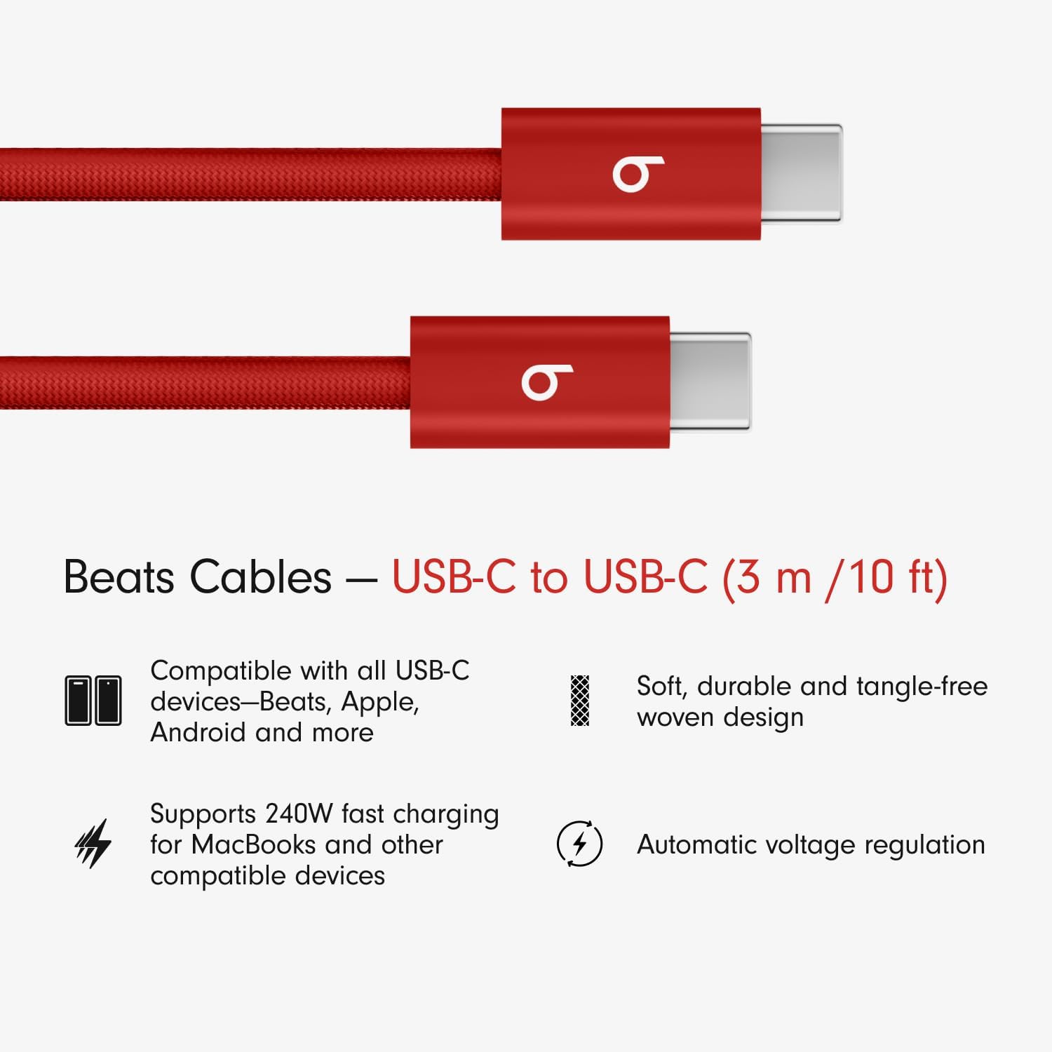 Beats 240W USB-C to USB-C Braided Cable, Fast Charging, Durable/Tangle Free, Compatible with Apple and Android Devices (3 m/10 ft) – Rapid Red