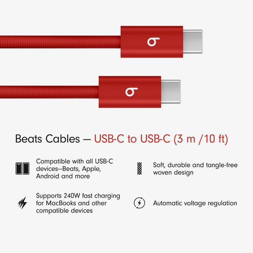 Beats 240W USB-C to USB-C Braided Cable, Fast Charging, Durable/Tangle Free, Compatible with Apple and Android Devices (3 m/10 ft) – Rapid Red