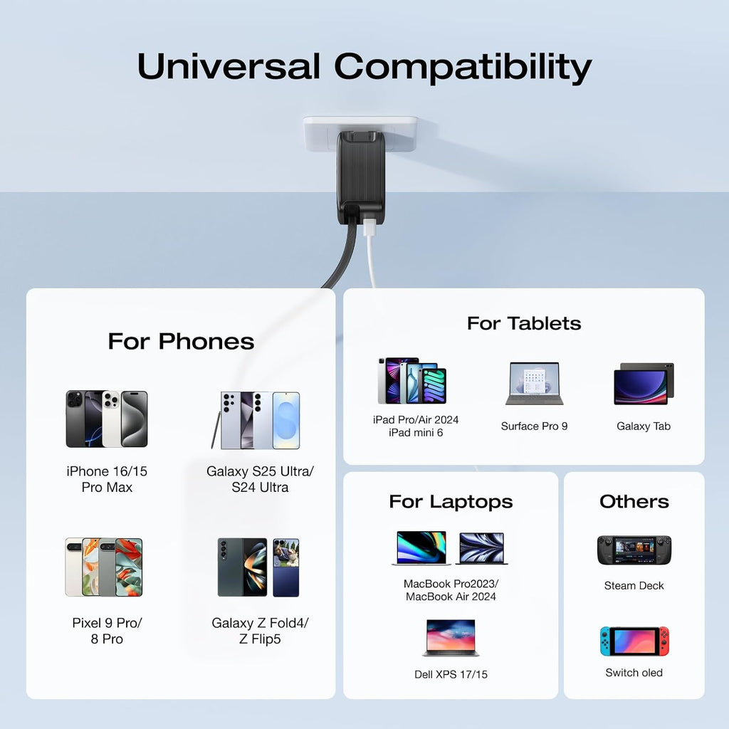 EF ECOFLOW 45W USB C Charger with Retractable Cable, 3-in-1 Phone Charger with Type C Cable, 2-Port Fast Charger Compatible with iPhone 16 Pro Max, iPad Pro/Air, Galaxy S25, Steam Deck (Black)