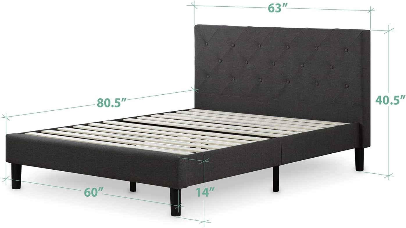 Zinus Shalini Upholstered Platform Bed Frame, Mattress Foundation, Wood Slat Support, No Box Spring Needed, Easy Assembly, Dark Grey, Queen