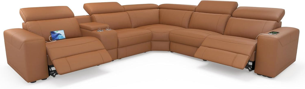 AMERLIFE Power Recliner Sectional Sofa with Storage/USB Port, Leather Recliner Sofa with Adjustable Headrest, Reclining Sectional Couches with Console and Cup Holder for Living Room (Brown, 5-Seater)
