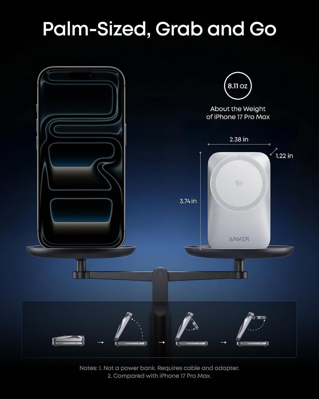 Anker Prime Foldable MagSafe Charger, 25W Qi2.2-Certified Palm-Sized Travel-Ready 3-in-1 Charging Station, AirCool Wireless Charger, for iPhone 17, Apple Watch, AirPods (Non-Battery, with Adapter)