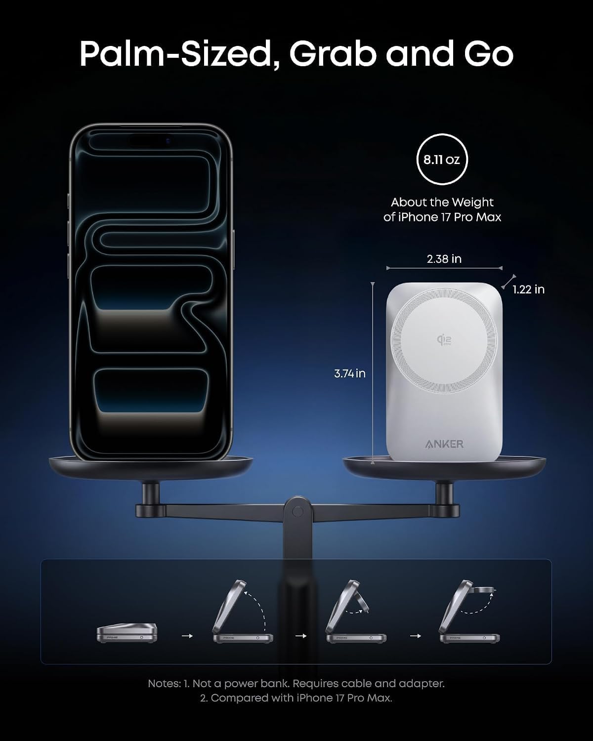 Anker Prime Foldable MagSafe Charger, 25W Qi2.2-Certified Palm-Sized Travel-Ready 3-in-1 Charging Station, AirCool Wireless Charger, for iPhone 17, Apple Watch, AirPods (Non-Battery, with Adapter)