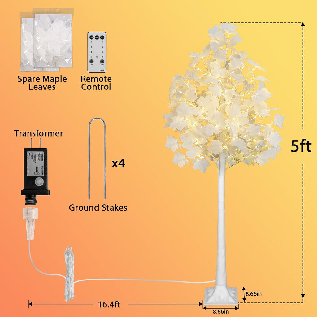 VIVATREES 5FT Artificial Lighted Maple Tree, 96LED Fall Tree with Warm White/Cold White Lights for Thanksgiving, Outdoor Indoor Home Decor
