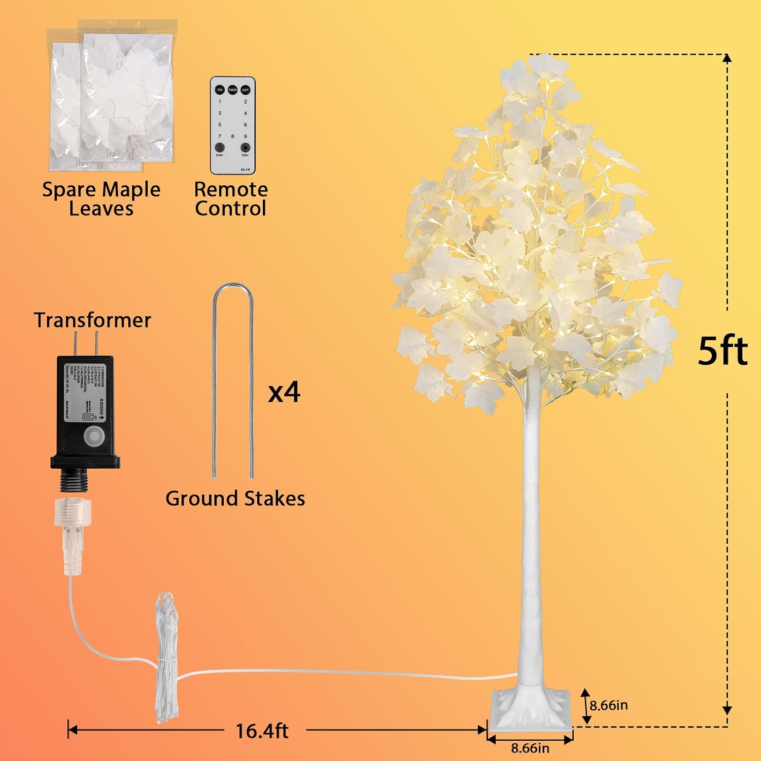 VIVATREES 5FT Artificial Lighted Maple Tree, 96LED Fall Tree with Warm White/Cold White Lights for Thanksgiving, Outdoor Indoor Home Decor