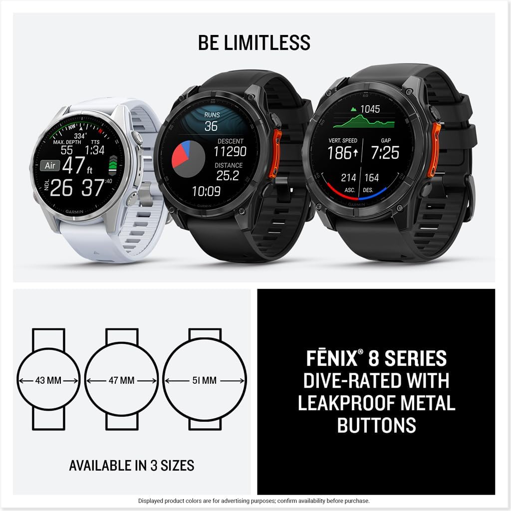 Garmin fēnix® 8 – 43mm, AMOLED, Sapphire, Premium Multisport GPS Smartwatch, Long-Lasting Battery Life, Dive-Rated, Built-in LED Flashlight, Carbon Gray DLC Titanium with Pebble Gray Band