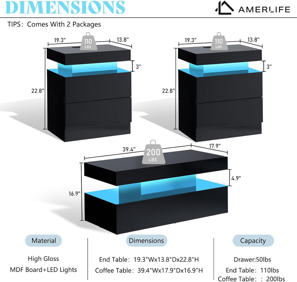 AMERLIFE 3-Piece High Gloss Living Room Table Set with LED Lights, Modern Coffee Table and 2 Side Tables, 2-Tier Center Table with Storage, Black Nightstands with Charging Station