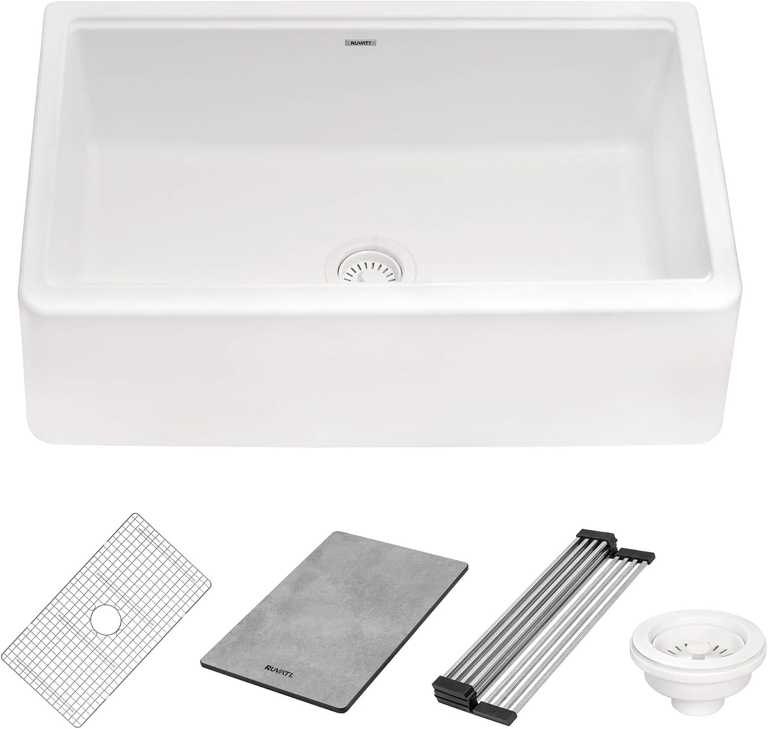 Ruvati 33-inch Matte White Farmhouse Granite Composite Quartz Workstation Apron-front Kitchen Sink - RVG1533WH