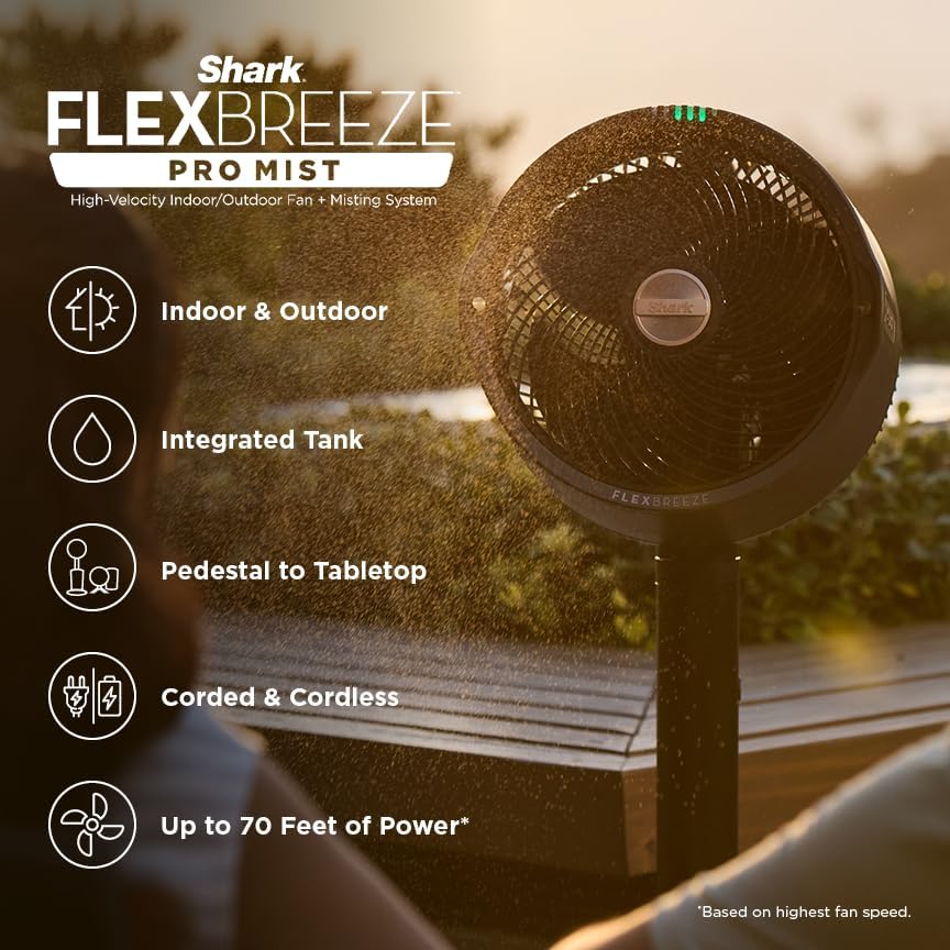 Shark FlexBreeze Pro Mist Fan, Indoor & Outdoor Oscillating Cooling Fan with Misting for Home & Patio, Floor & Tabletop, Portable Cordless & Corded, 24Hr Battery, Remote, Charcoal Grey, FA302