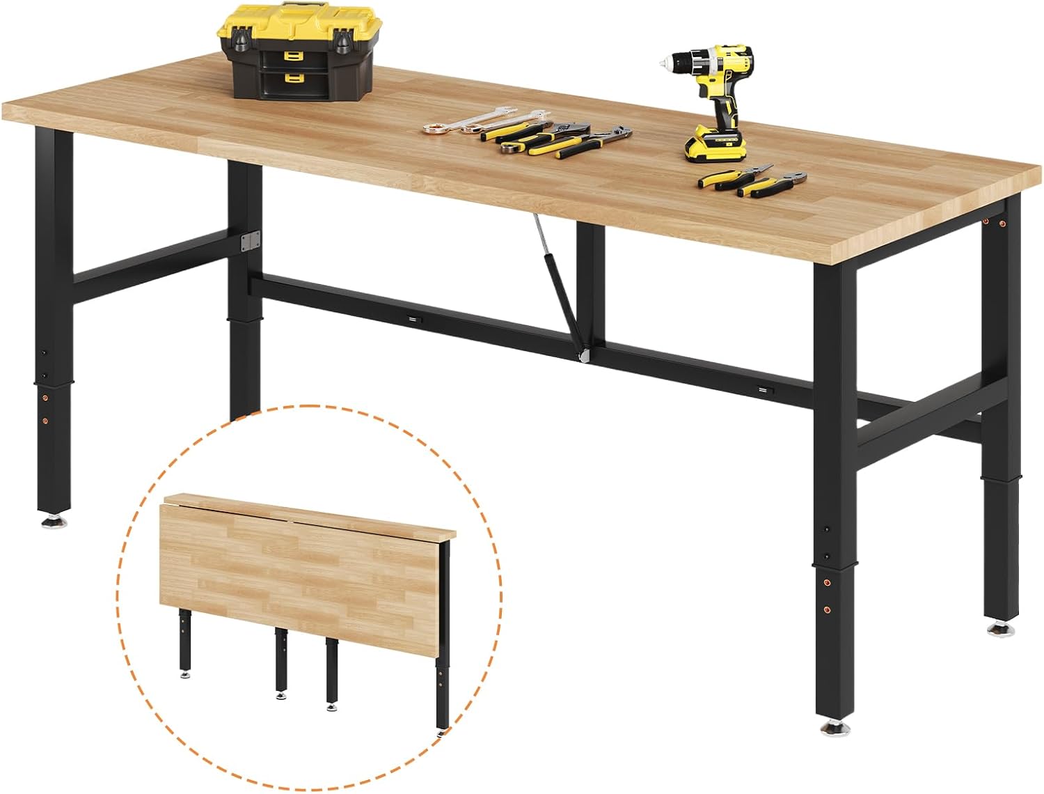 SPECRAFT 72x24 Folding Workbench, Adjustable Foldable Workbench with 2000 LBS Capacity, 30.7"-40" Height, Rubber Wood Top for Garage, Workshop, Office