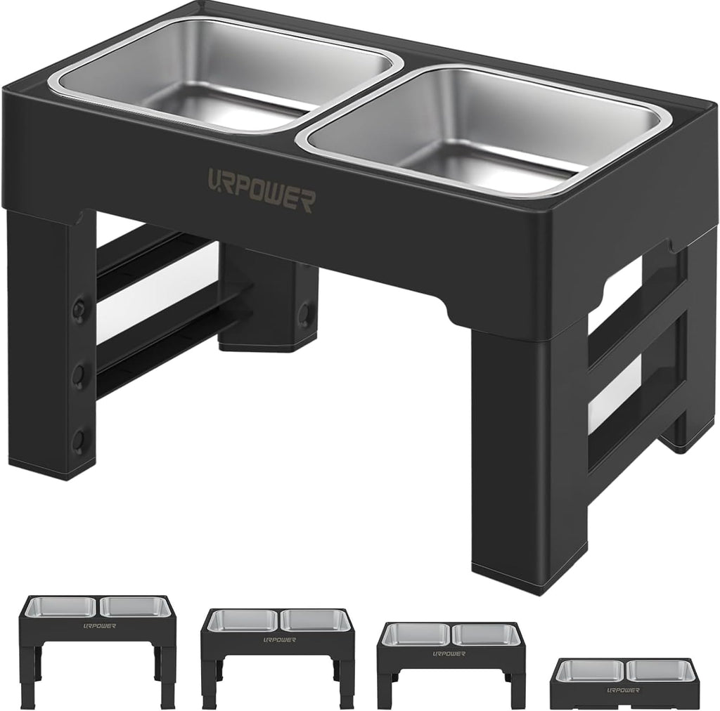 URPOWER Raised Dog Bowls 4 Height Adjustable Elevated Bowl Stand with Stainless Steel Water Bowl Non-Slip Dog Food Bowls Stand for Small Medium Large Dogs and Pets