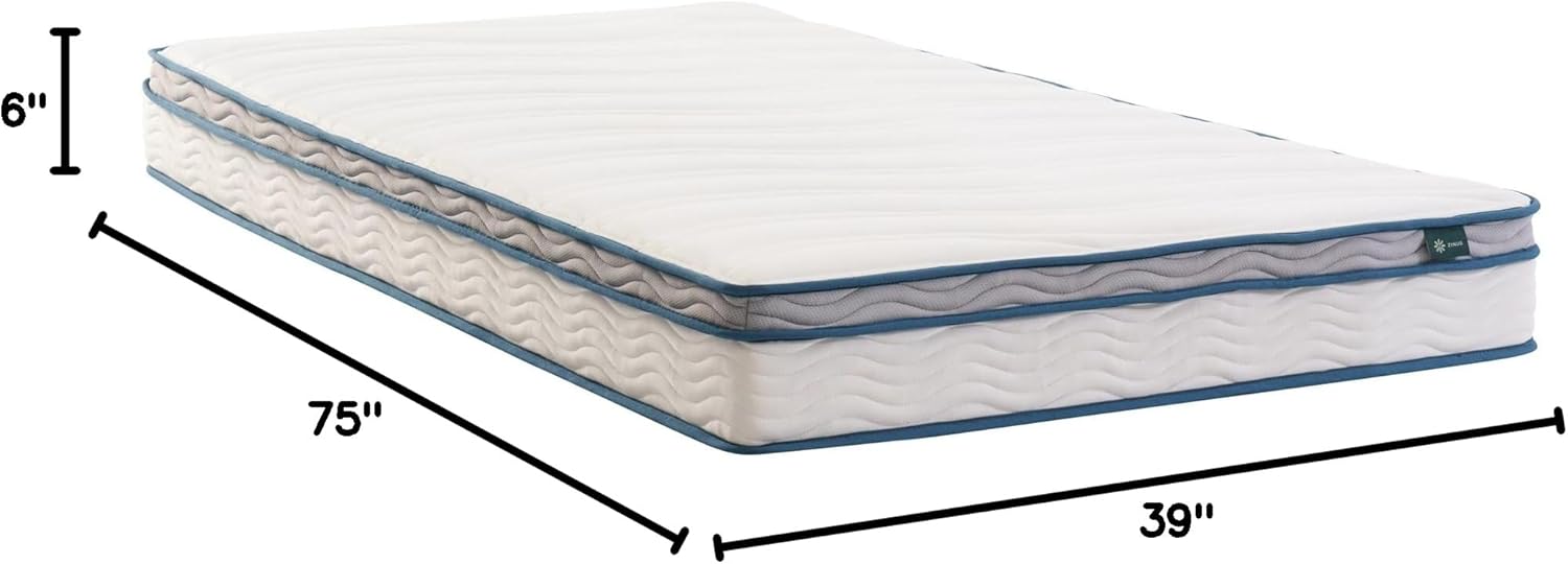 Zinus 6 Inch Spring Sensation Hybrid Mattress [New Version], Medium Firm Feel, Fiberglass Free, Youth and Guest Bedroom, Mattress in A Box, Twin