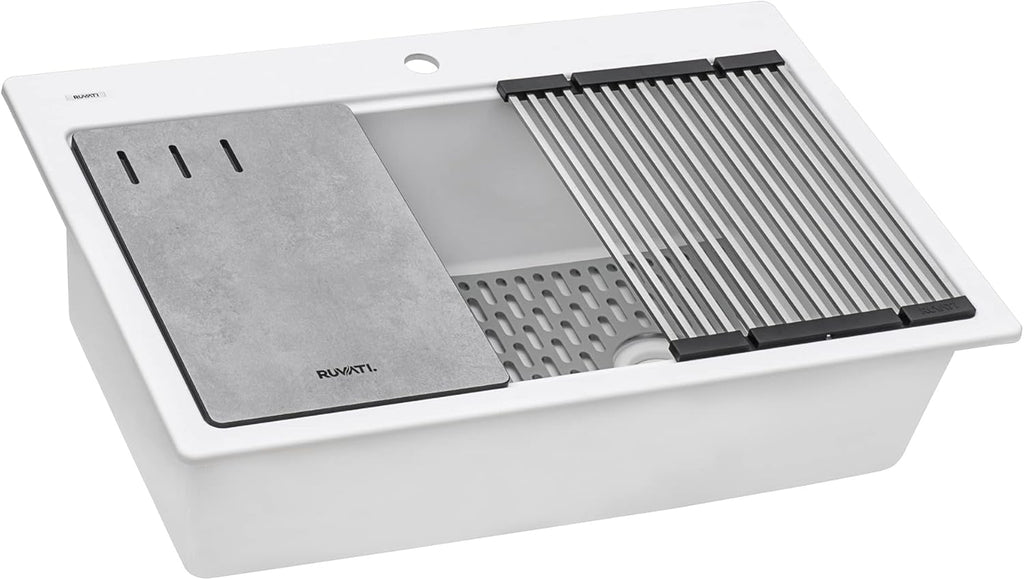 Ruvati 33-inch Granite Composite Quartz Workstation Drop-in Topmount Kitchen Sink Matte White - RVG1302WH