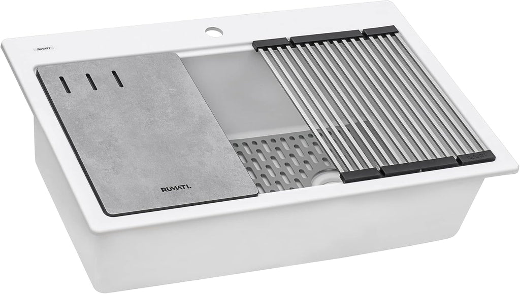 Ruvati 33-inch Granite Composite Quartz Workstation Drop-in Topmount Kitchen Sink Matte White - RVG1302WH