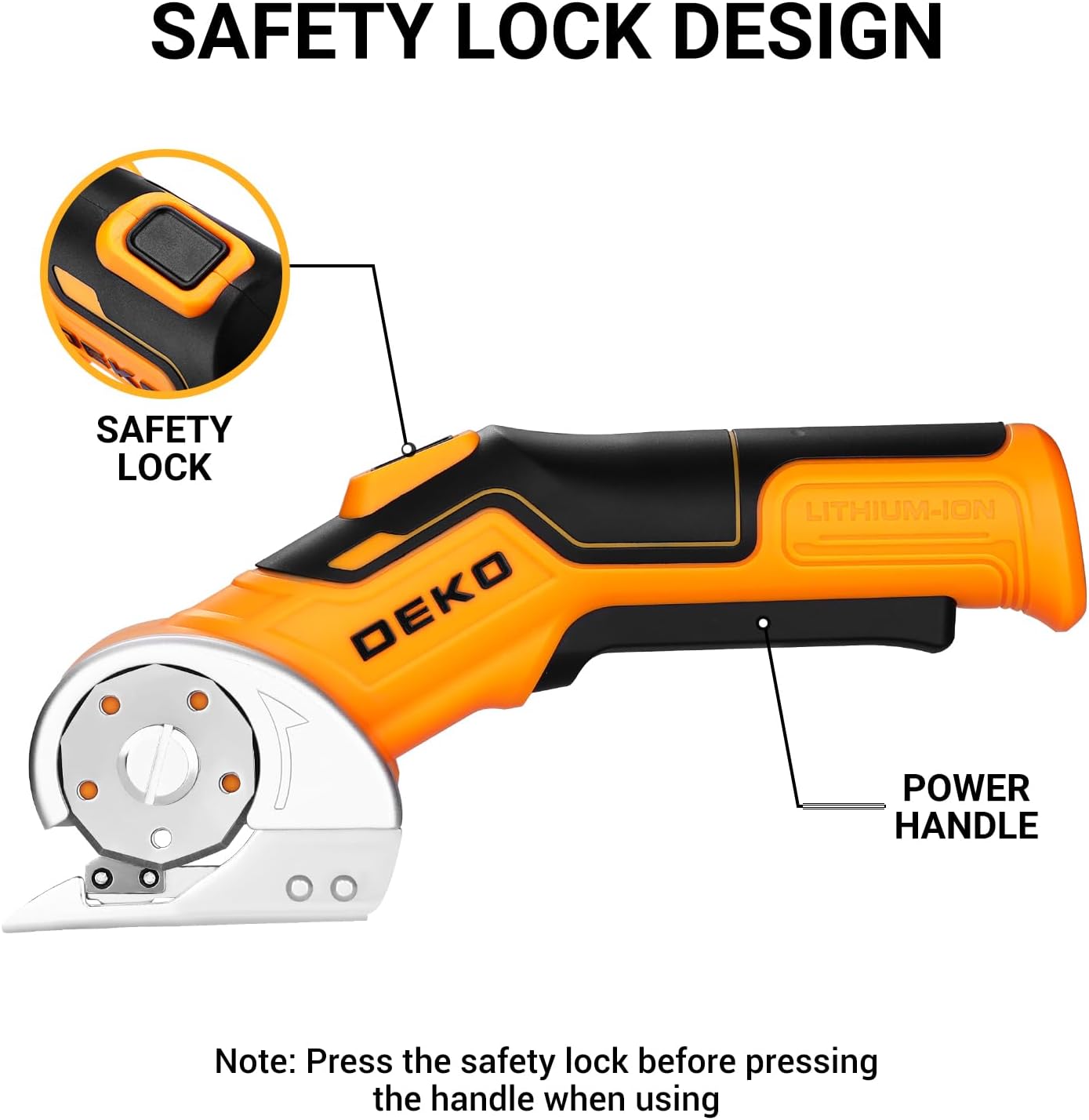 Cordless Electric Scissors Cardboard Cutter: DEKOPRO 4V 2000mAh Electric Box Cutter, Rechargeable Power Rotary Cutting Tool with Safety Lock, 389g Carpet Scissors with 2 Blade, Type-c(Yellow)