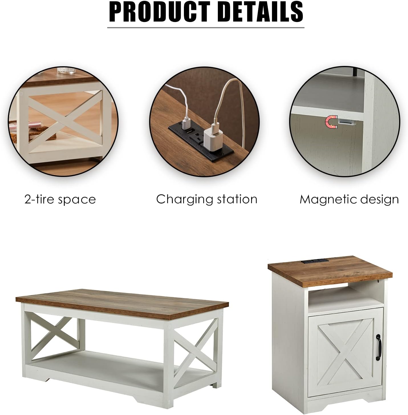 AMERLIFE 5-Piece Farmhouse Table Set Includes Fireplace TV Stand, Coffee Table& Two End Tables with Charging Station and USB Ports, for Living Room, Distressed White, 59"