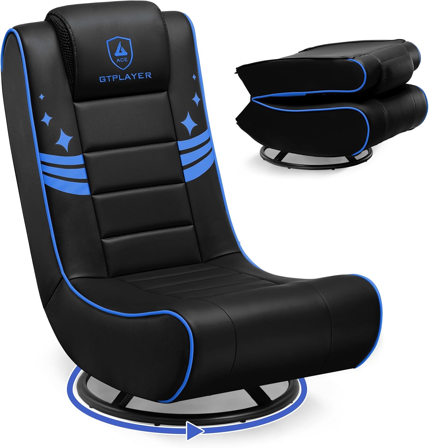 GTPLAYER Floor Gaming Chair Foldable Swivel Floor Chairs for Kids Boys Comfy Video Game Seat with 360° Multipurpose for Gamers, Bedroom or Game Room(Black-Blue)