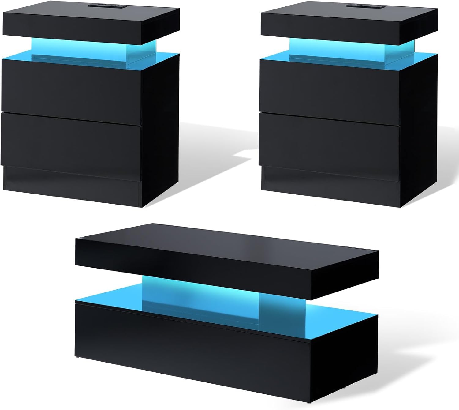 AMERLIFE 3-Piece High Gloss Living Room Table Set with LED Lights, Modern Coffee Table and 2 Side Tables, 2-Tier Center Table with Storage, Black Nightstands with Charging Station