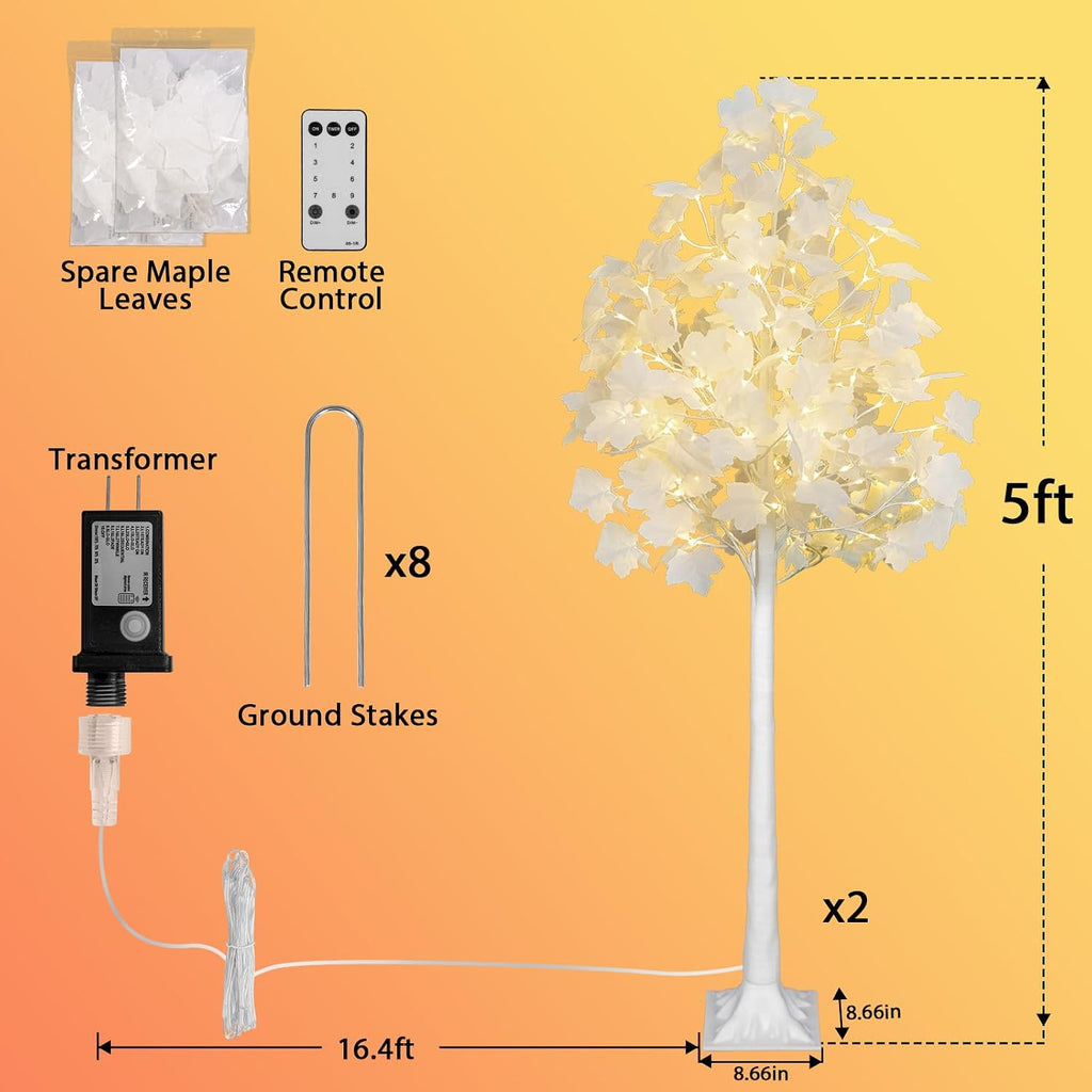 VIVATREES 5FT 96LED Lighted Maple Tree with White Leaves, Dual-Tone Lights (Cold & Warm White), Artificial Tree for Home, Festival, Party Indoor and Outdoor