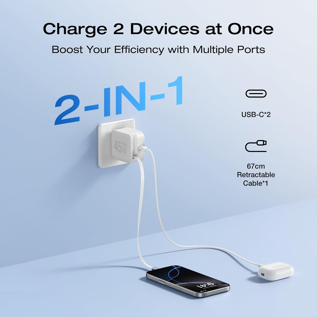 EF ECOFLOW 45W USB C Charger with Retractable Cable, 3-in-1 GaN Phone Charger with Type C Cable, 2-Port Fast Charger Compatible with iPhone 16 Pro Max, iPad Pro/Air, Galaxy S25, Steam Deck (White)