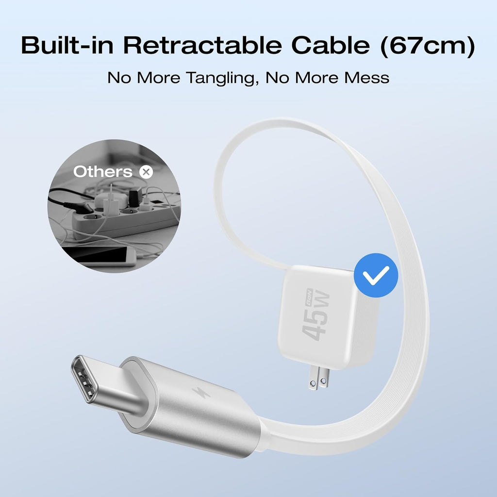 EF ECOFLOW 45W USB C Charger with Retractable Cable, 3-in-1 GaN Phone Charger with Type C Cable, 2-Port Fast Charger Compatible with iPhone 16 Pro Max, iPad Pro/Air, Galaxy S25, Steam Deck (White)