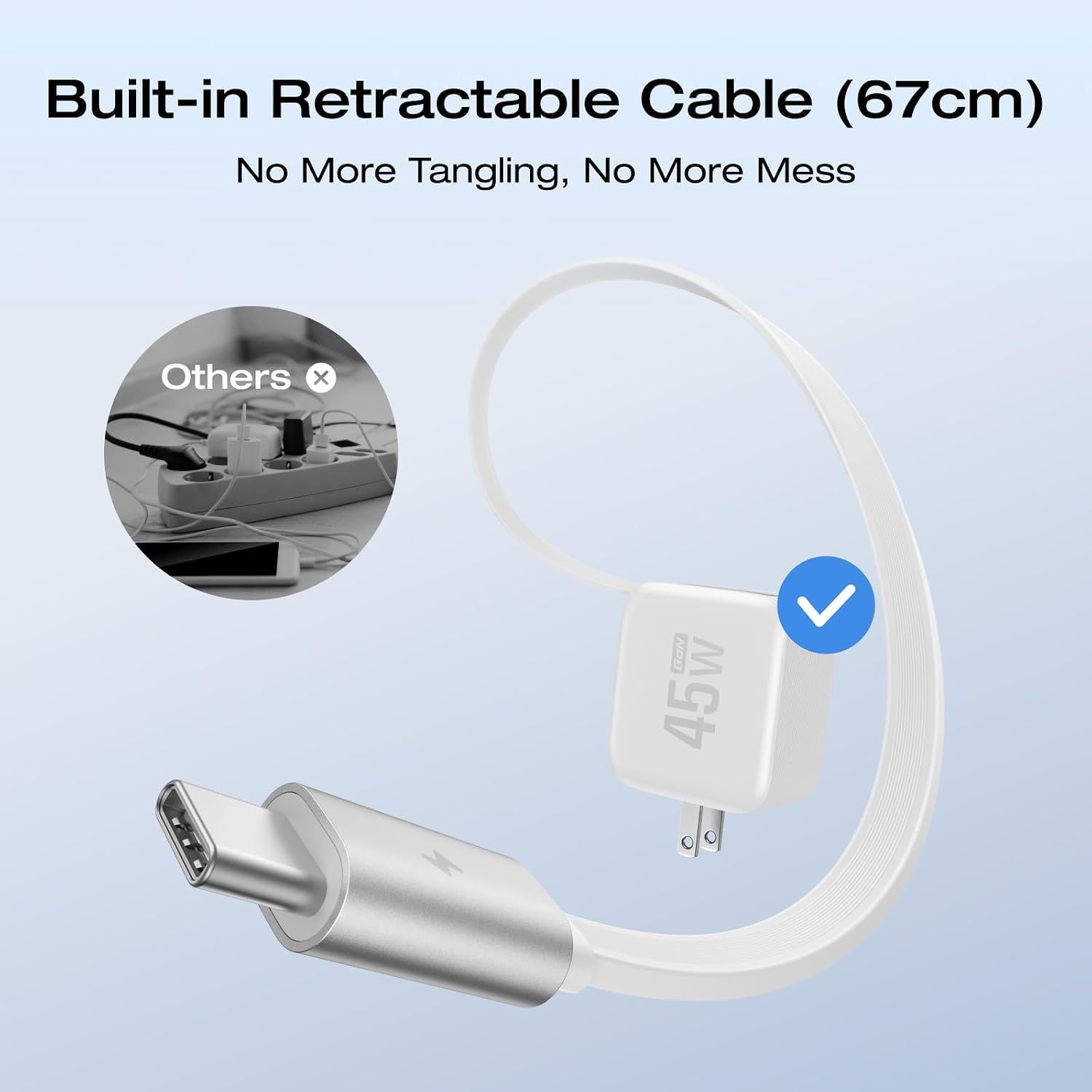 EF ECOFLOW 45W USB C Charger with Retractable Cable, 3-in-1 GaN Phone Charger with Type C Cable, 2-Port Fast Charger Compatible with iPhone 16 Pro Max, iPad Pro/Air, Galaxy S25, Steam Deck (White)