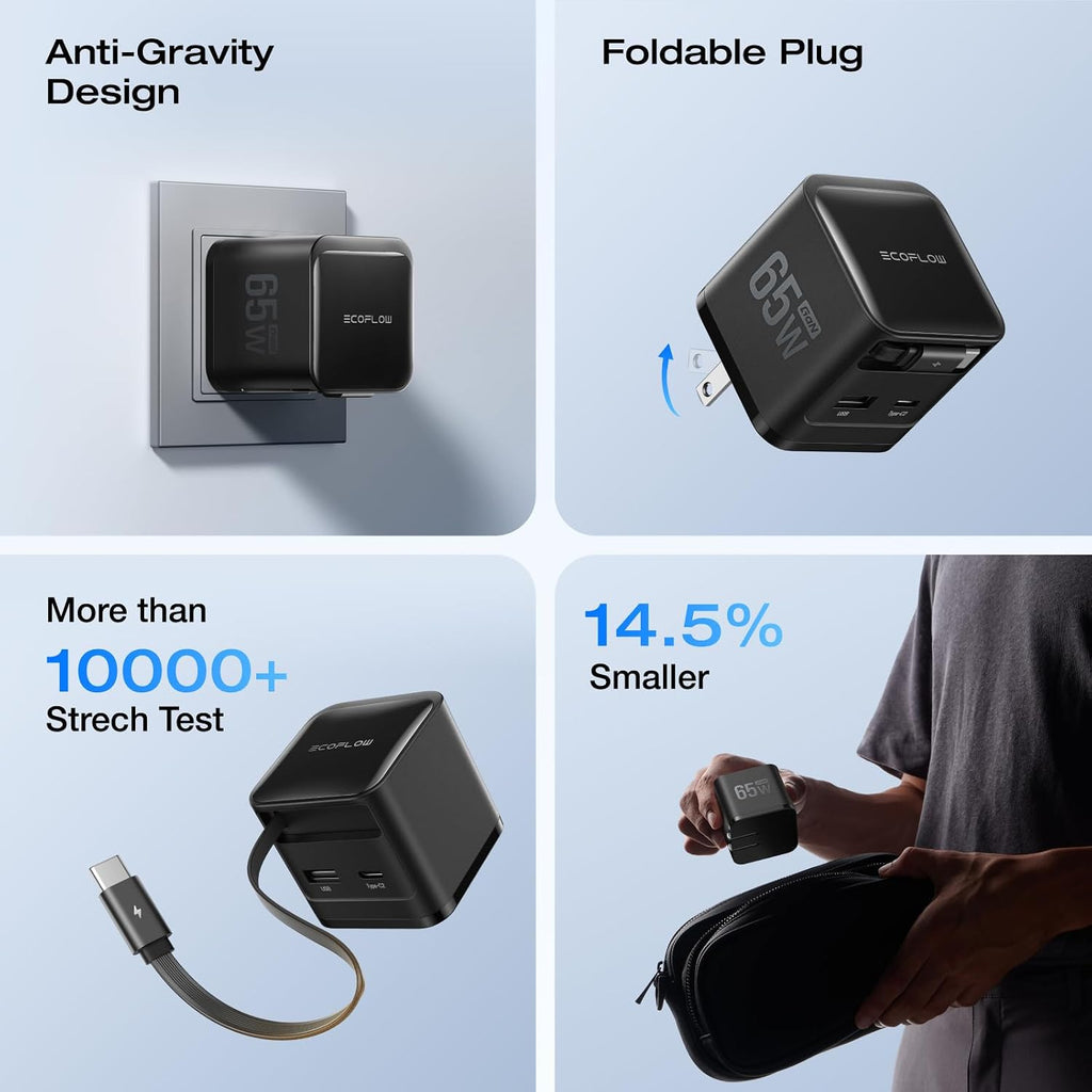 EF ECOFLOW 65W USB C Charger with Retractable Cable, 3-in-1 Phone Charger with Type C Cable, 2-Port Fast Charger Compatible with iPhone 16 Pro Max, iPad Pro/Air, Galaxy S25, Steam Deck (Black)