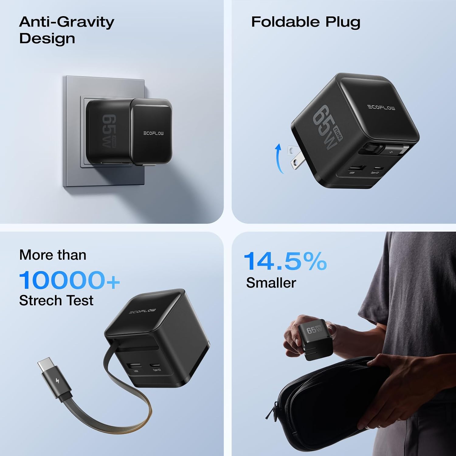 EF ECOFLOW 65W USB C Charger with Retractable Cable, 3-in-1 Phone Charger with Type C Cable, 2-Port Fast Charger Compatible with iPhone 16 Pro Max, iPad Pro/Air, Galaxy S25, Steam Deck (Black)
