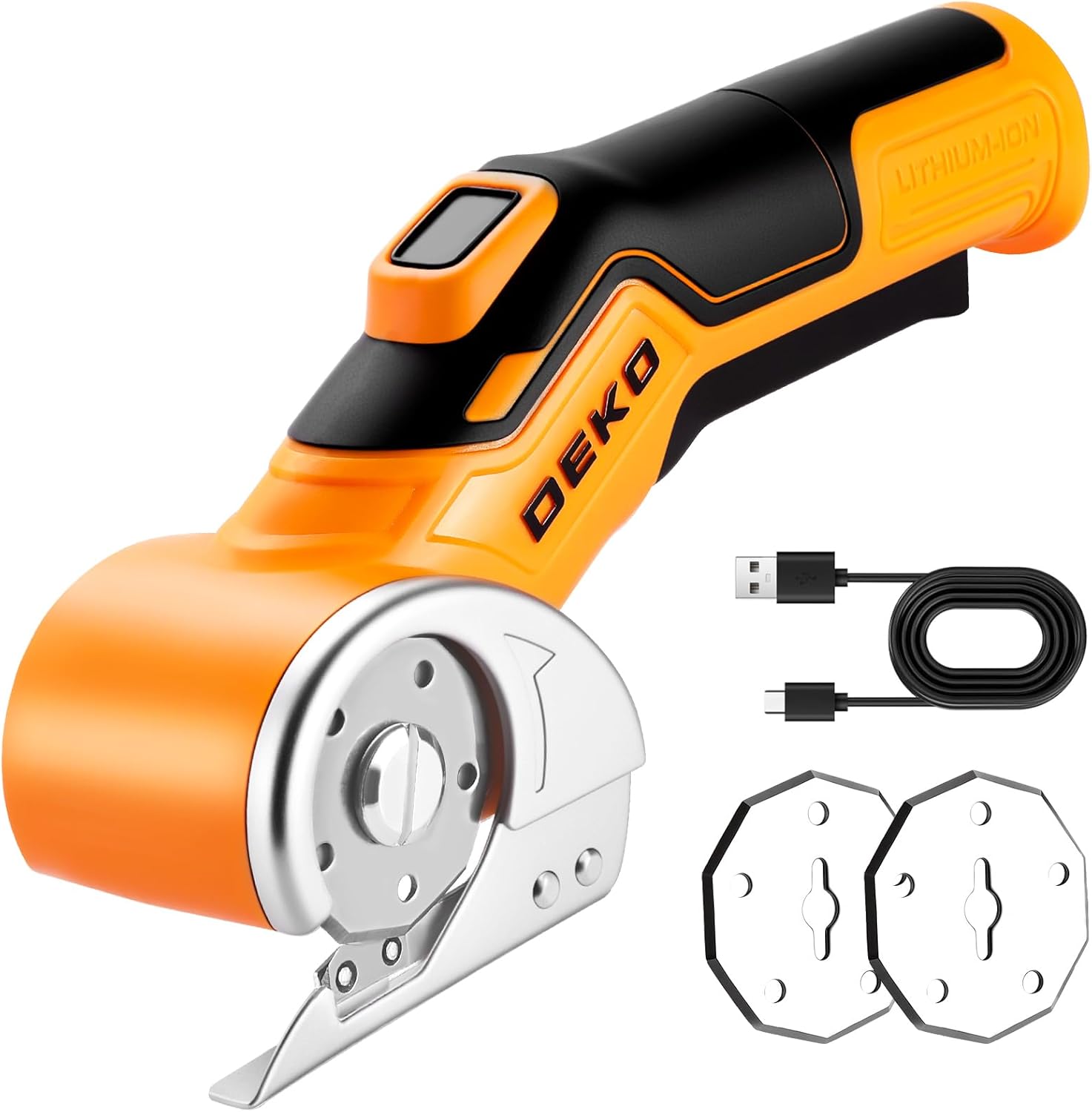 Cordless Electric Scissors Cardboard Cutter: DEKOPRO 4V 2000mAh Electric Box Cutter, Rechargeable Power Rotary Cutting Tool with Safety Lock, 389g Carpet Scissors with 2 Blade, Type-c(Yellow)