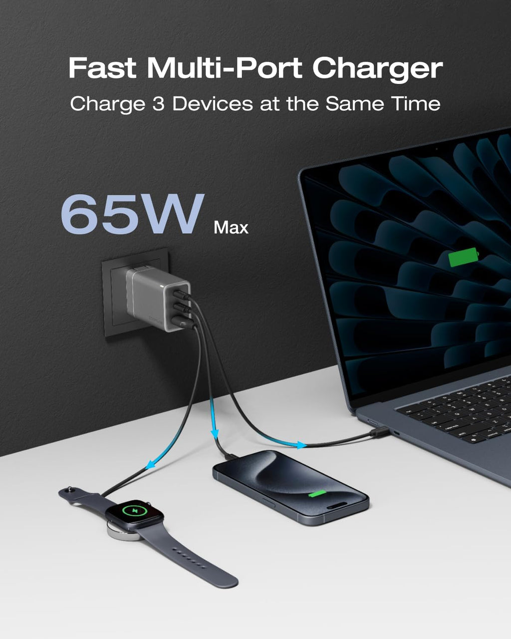 EF ECOFLOW USB C Charger, Rapid 65W GaN Type C Charging Block with Foldable Plug, Fast Wall Charger Compatible with iPhone 15/14/13, Galaxy, Pixel 4, iPad, AirPods, Apple Watch (USBC Cable Included)
