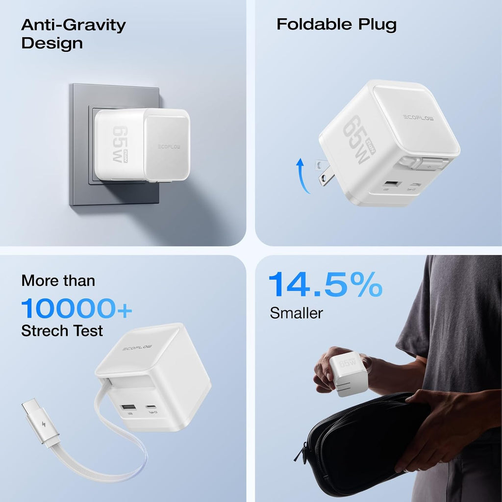 EF ECOFLOW 65W USB C Charger with Retractable Cable, 3-in-1 Phone Charger with Type C Cable, 2-Port Fast Charger Compatible with iPhone 16 Pro Max, iPad Pro/Air, Galaxy S25, Steam Deck (White)