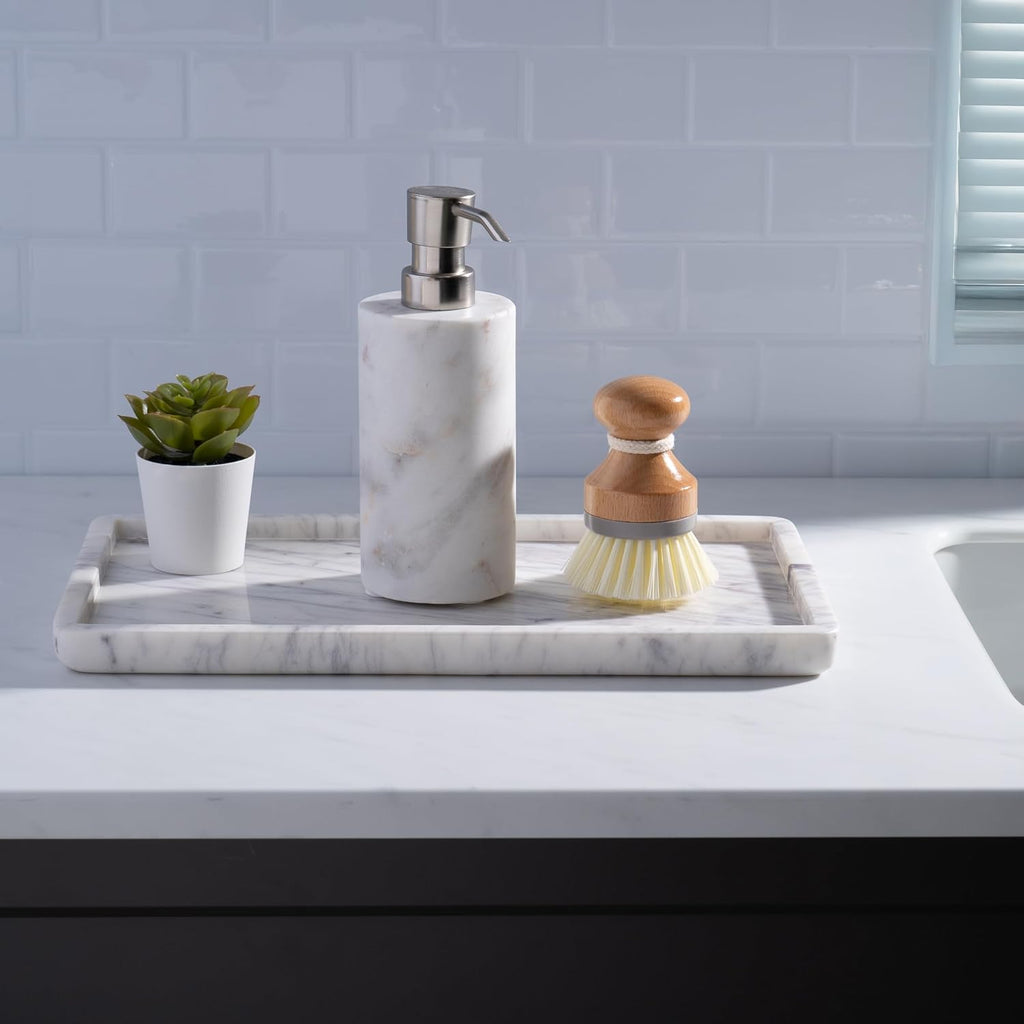 Cork & Mill Marble Tray for Bathroom Countertop, Kitchen Counter, or Catchall - 13" x 7½" Large Vanity Tray for Skincare or Perfume - Handcrafted Natural White Marble Stone Organizer