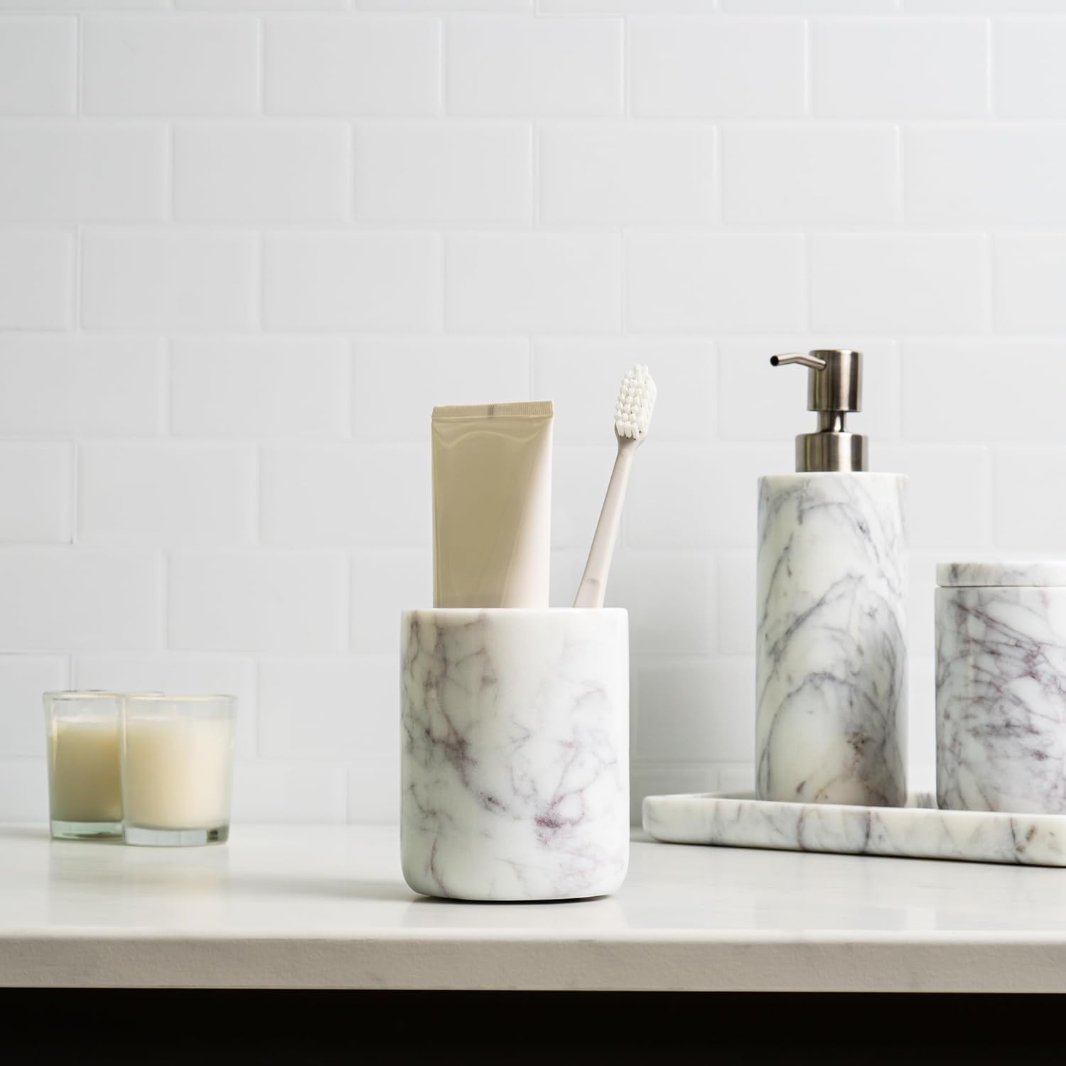 Cork & Mill Marble Bathroom Accessories Set, Solid Natural Marble, Complete Vanity Set with Soap Dispenser, Toothbrush Holder & Canister with Lid for Qtips, White Bathroom Countertop Decor