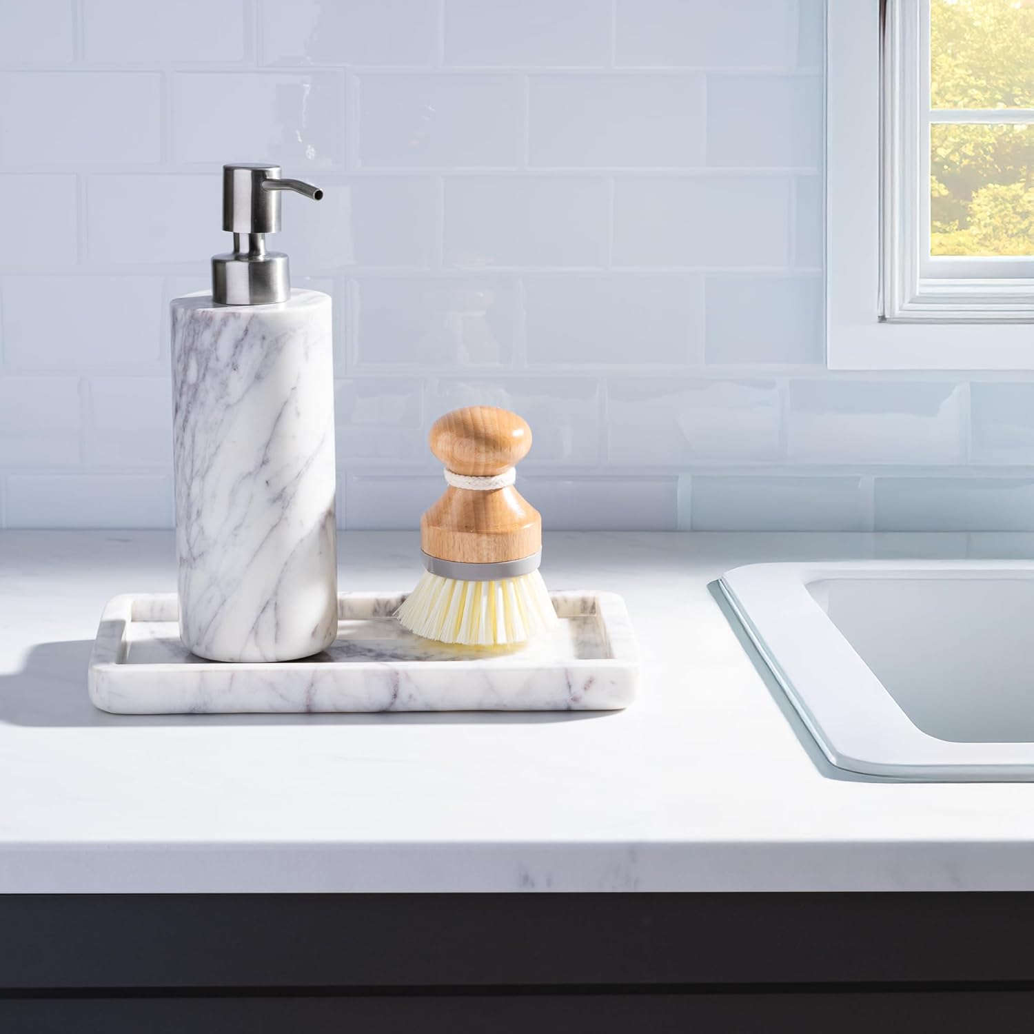 Cork & Mill Marble Soap Dispenser for Bathroom Countertop or Kitchen Sink, Real Natural White Stone with Stainless Steel Pump Top, Ideal for Lotion, Liquid Dish or Hand Soap, Modern Bath Accessories