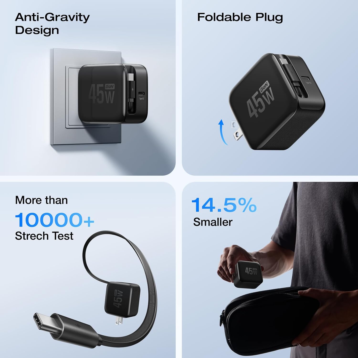 EF ECOFLOW 45W USB C Charger with Retractable Cable, 3-in-1 Phone Charger with Type C Cable, 2-Port Fast Charger Compatible with iPhone 16 Pro Max, iPad Pro/Air, Galaxy S25, Steam Deck (Black)