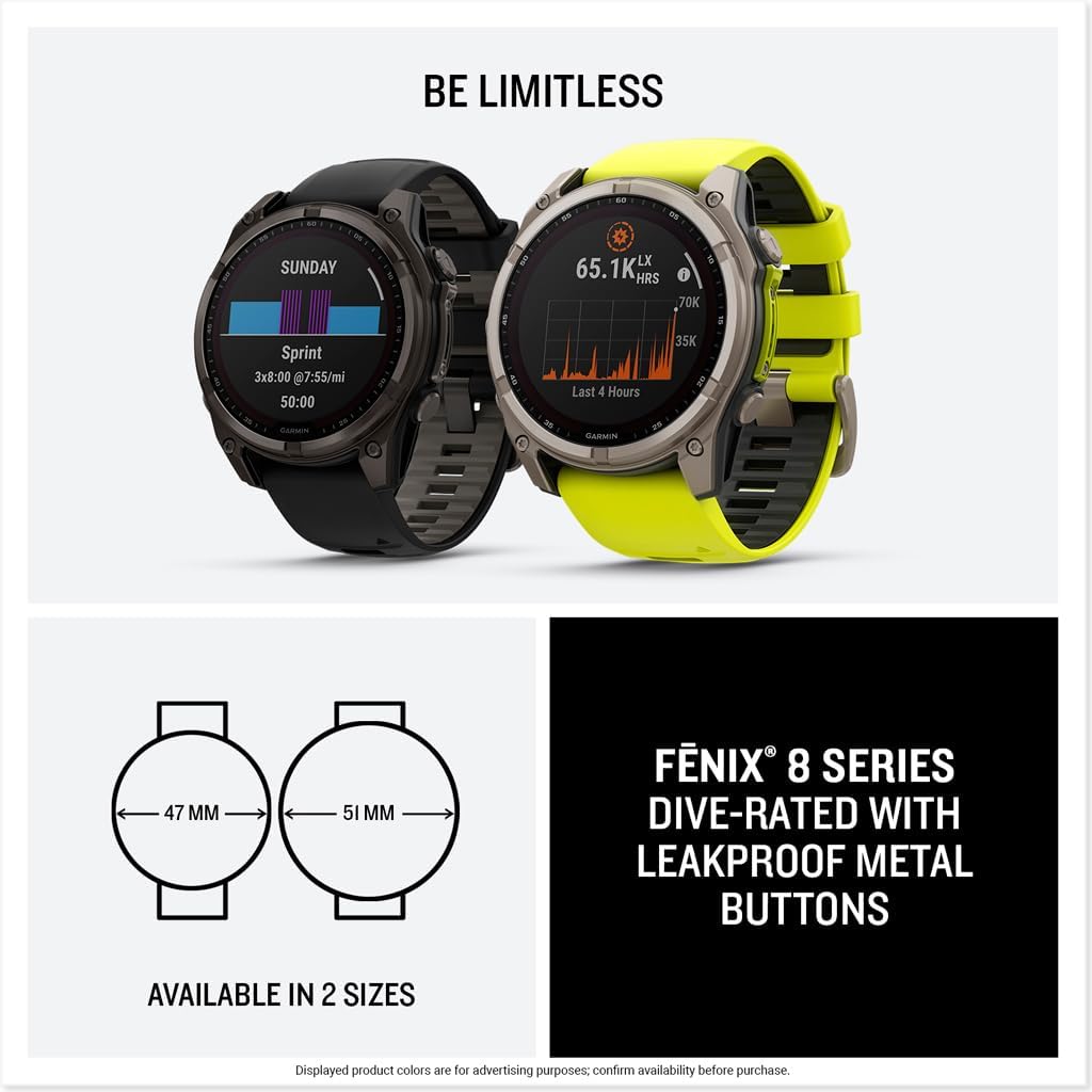 Garmin fēnix® 8 – 51 mm, Solar, Sapphire, Premium Multisport GPS Smartwatch, Long-Lasting Battery Life, Dive-Rated, Built-in LED Flashlight, Titanium with Amp Yellow/Graphite Band