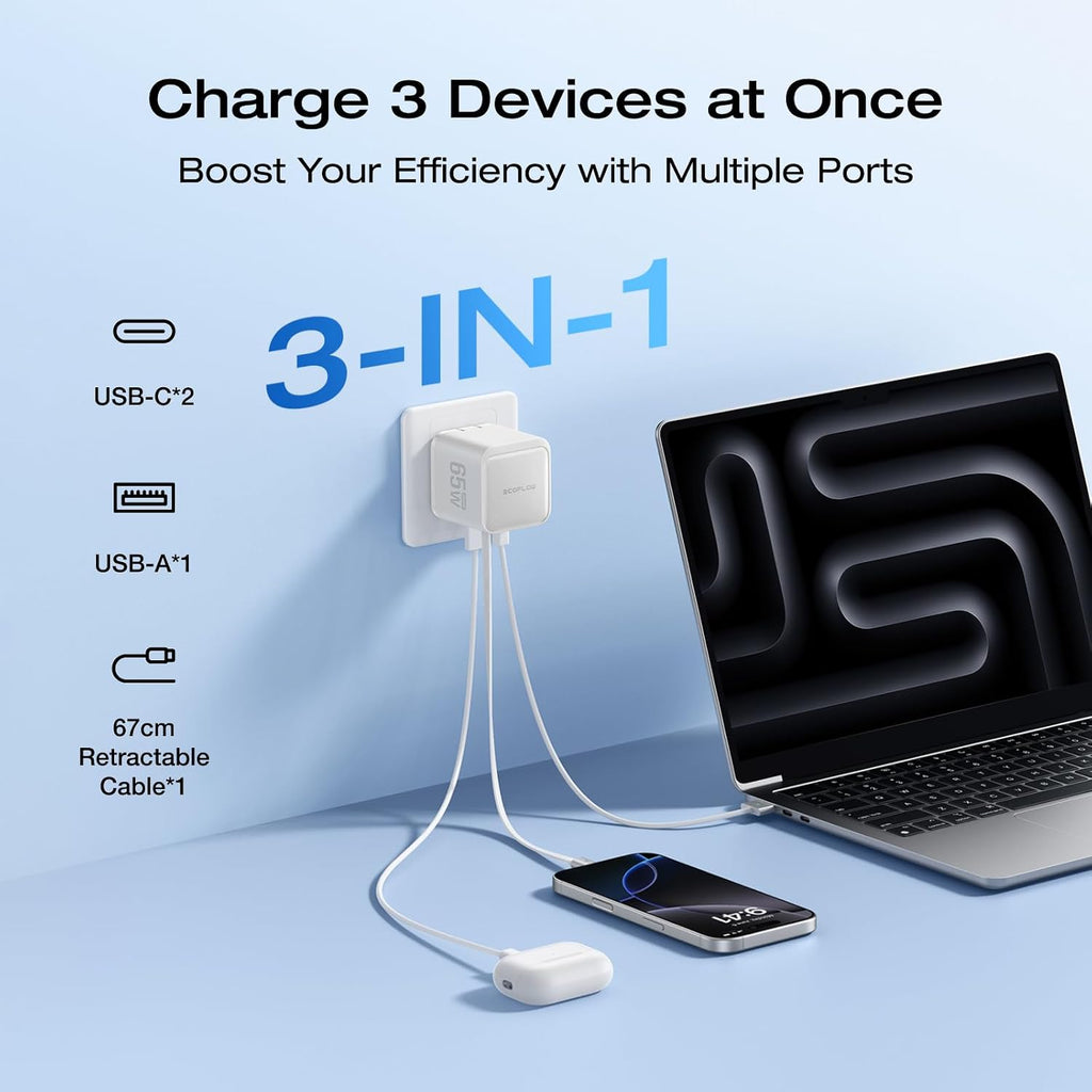 EF ECOFLOW 65W USB C Charger with Retractable Cable, 3-in-1 Phone Charger with Type C Cable, 2-Port Fast Charger Compatible with iPhone 16 Pro Max, iPad Pro/Air, Galaxy S25, Steam Deck (White)