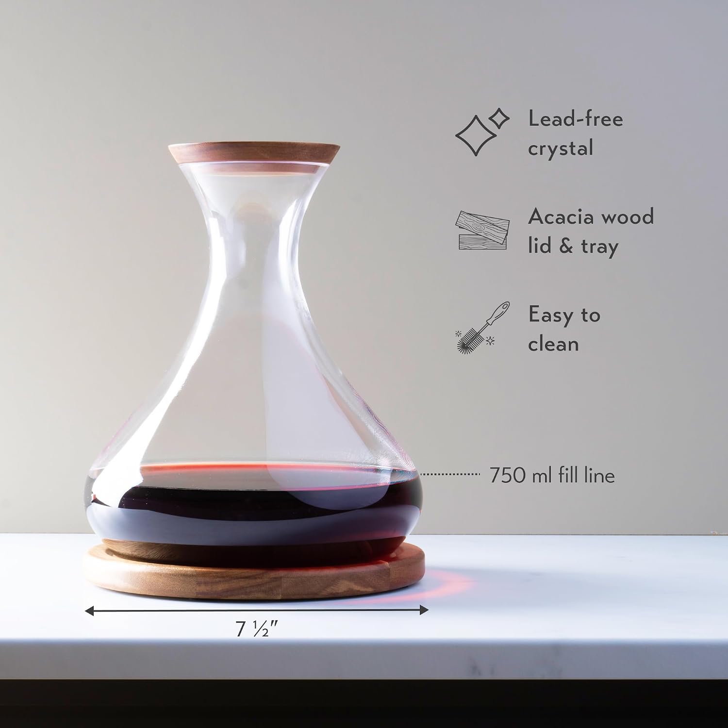 Cork & Mill Wine Decanter Set with Acacia Wood Stand and Lid/Stopper, Contemporary Hand Blown Crystal Decanter, Large Glass Carafe/Aerator, Red Wine Accessories, Luxury Gift Idea for Women or Men
